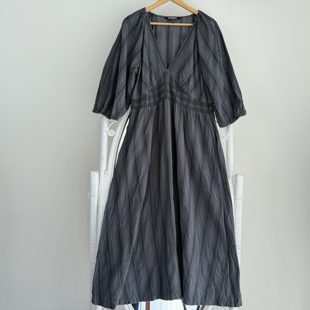Disturbia Dress Womens US 14 Gray Grove Midi Cotton Shirred Blouson Soft Goth